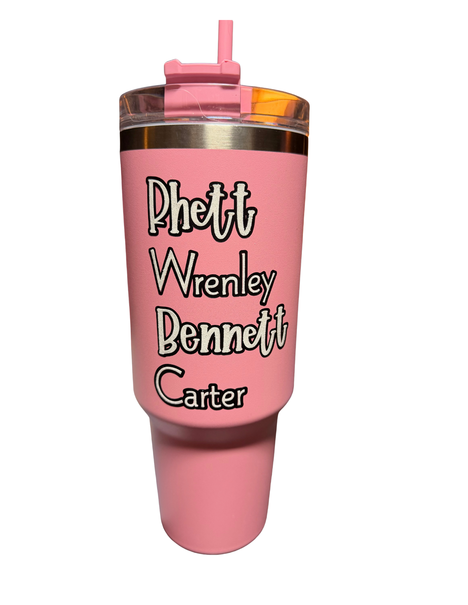 Personalized pink tumbler with names