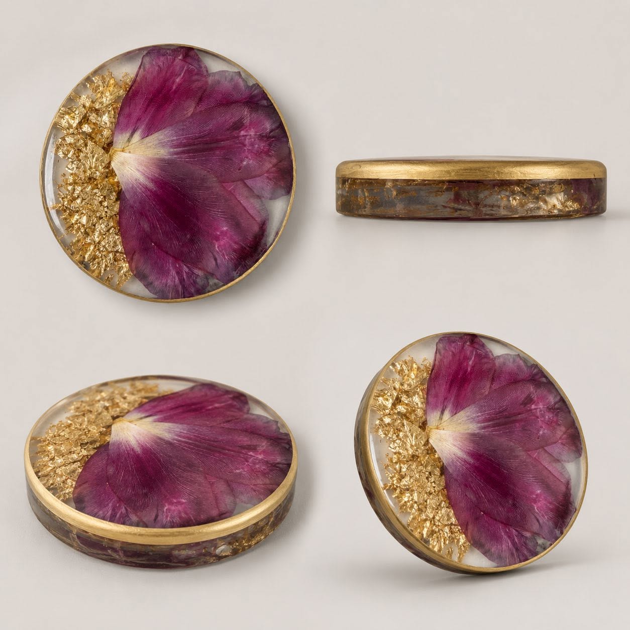 Magenta petal gold leaf resin coasters