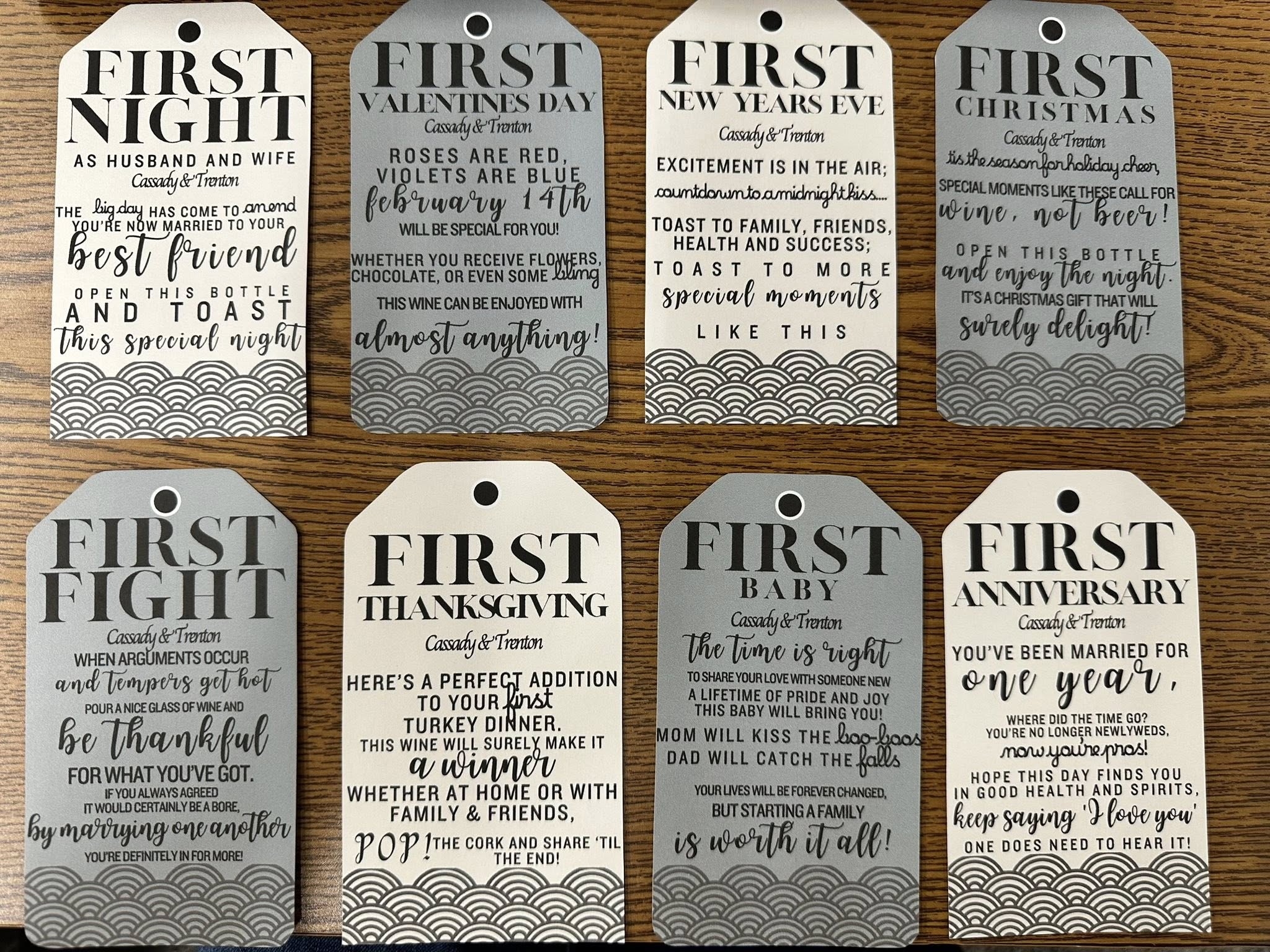 First Christmas marriage milestone wine tag set