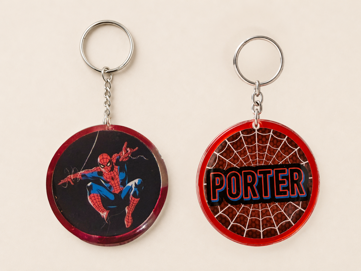 Red Spider-Man inspired keychain with Porter name design