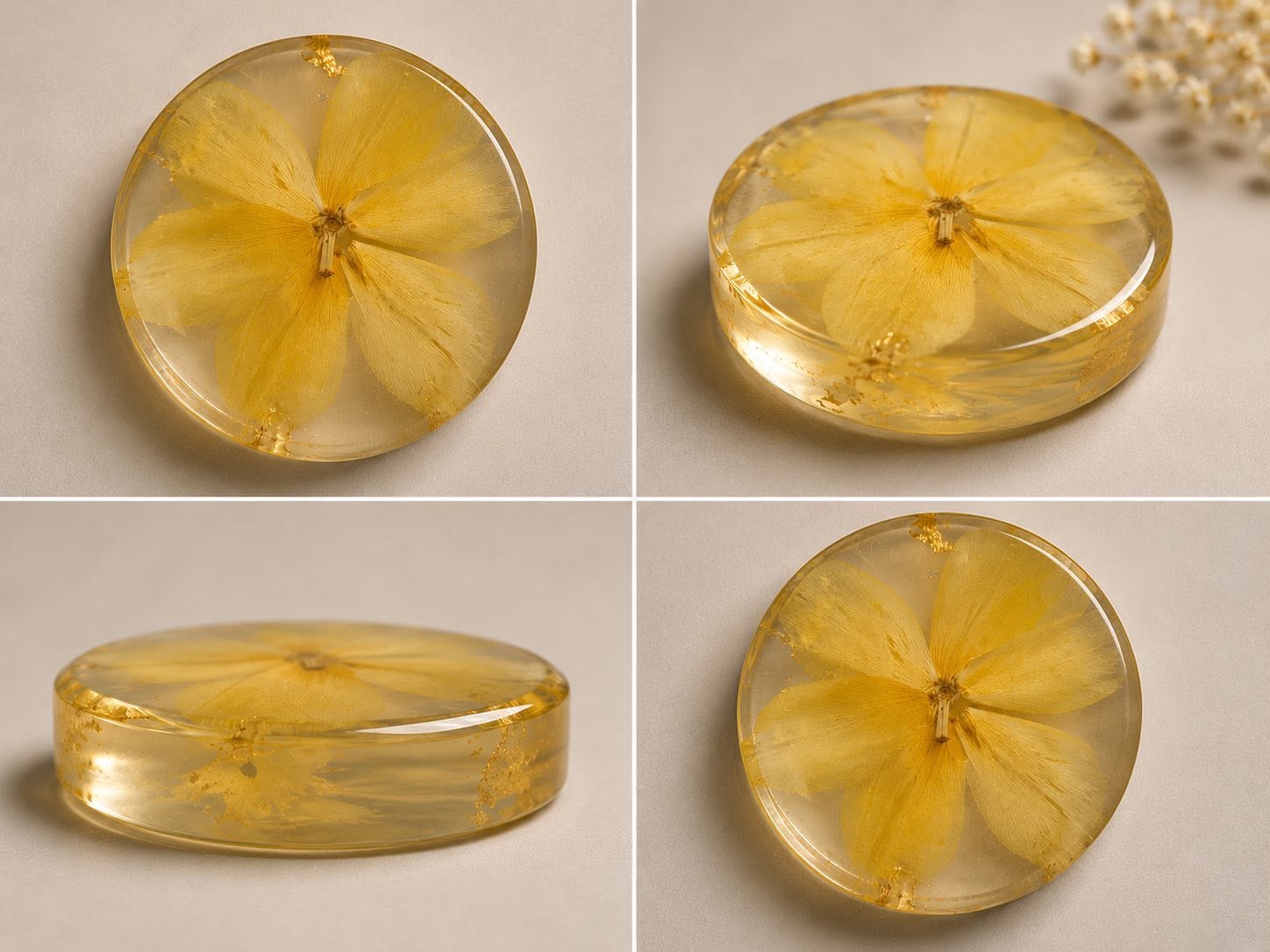 Yellow pressed flower resin coaster set
