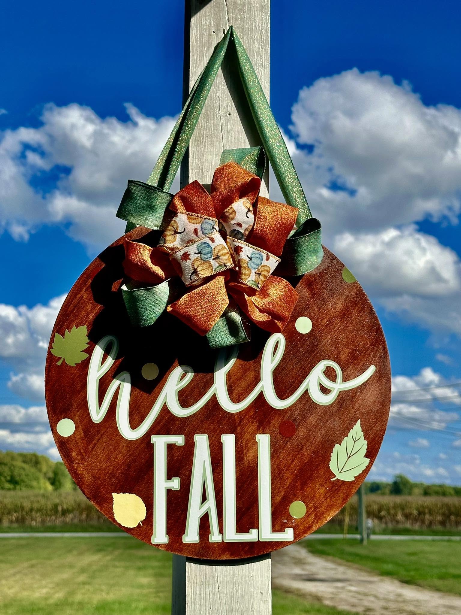 Hello Fall layered round wooden door sign