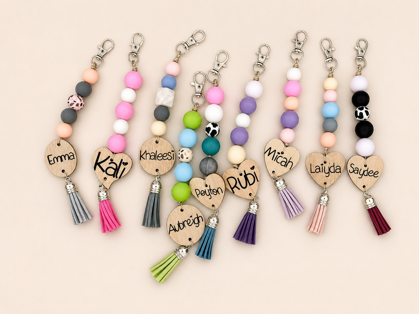 Silicone bead keychains with wooden name tags
