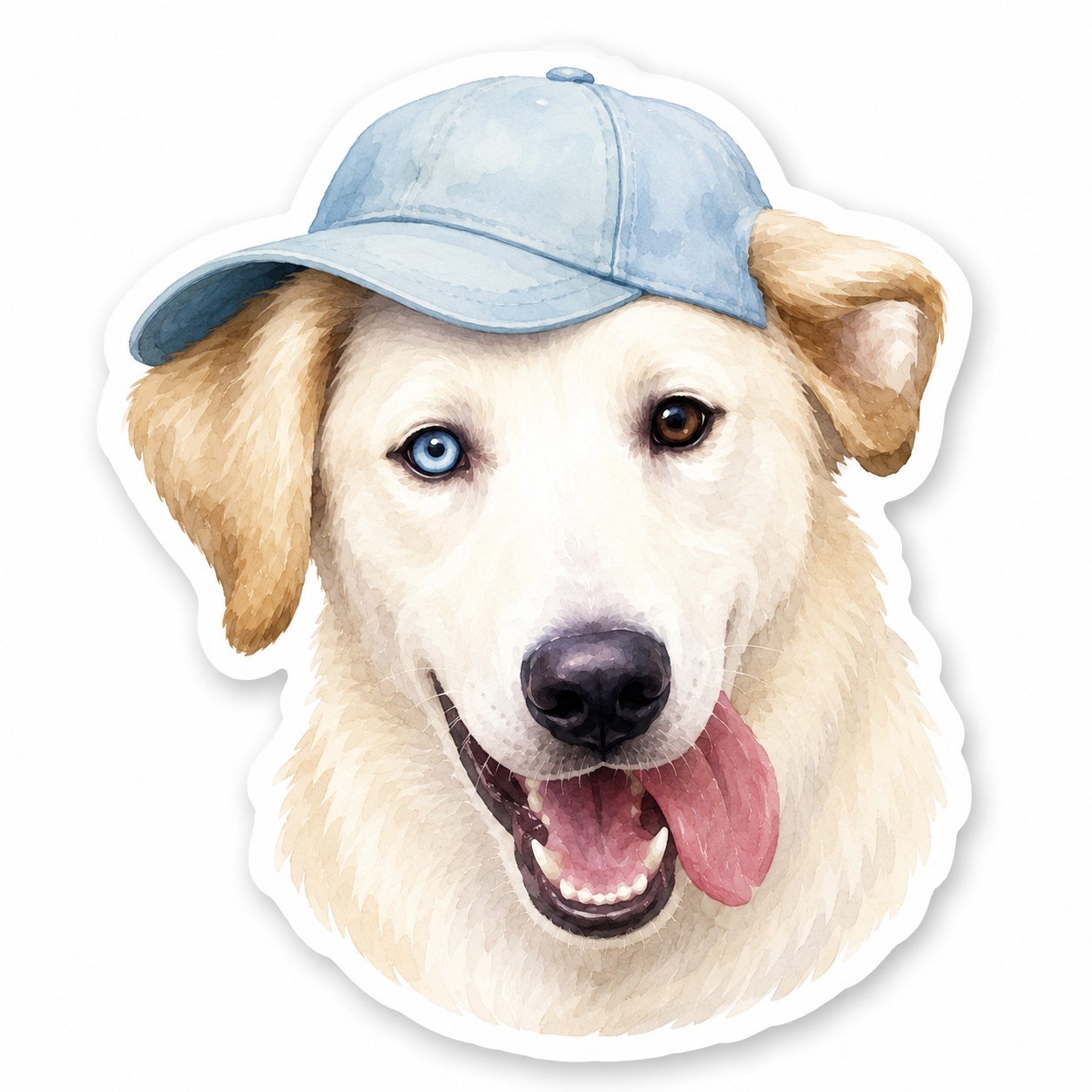 Custom pet sticker featuring a white dog in a blue cap