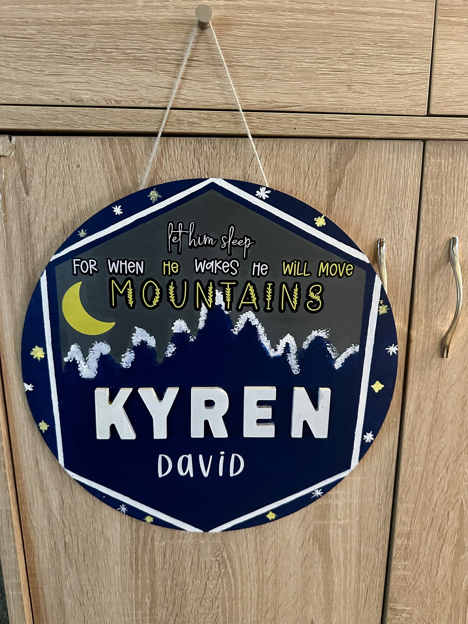 For when he wakes he will move mountains personalized nursery sign