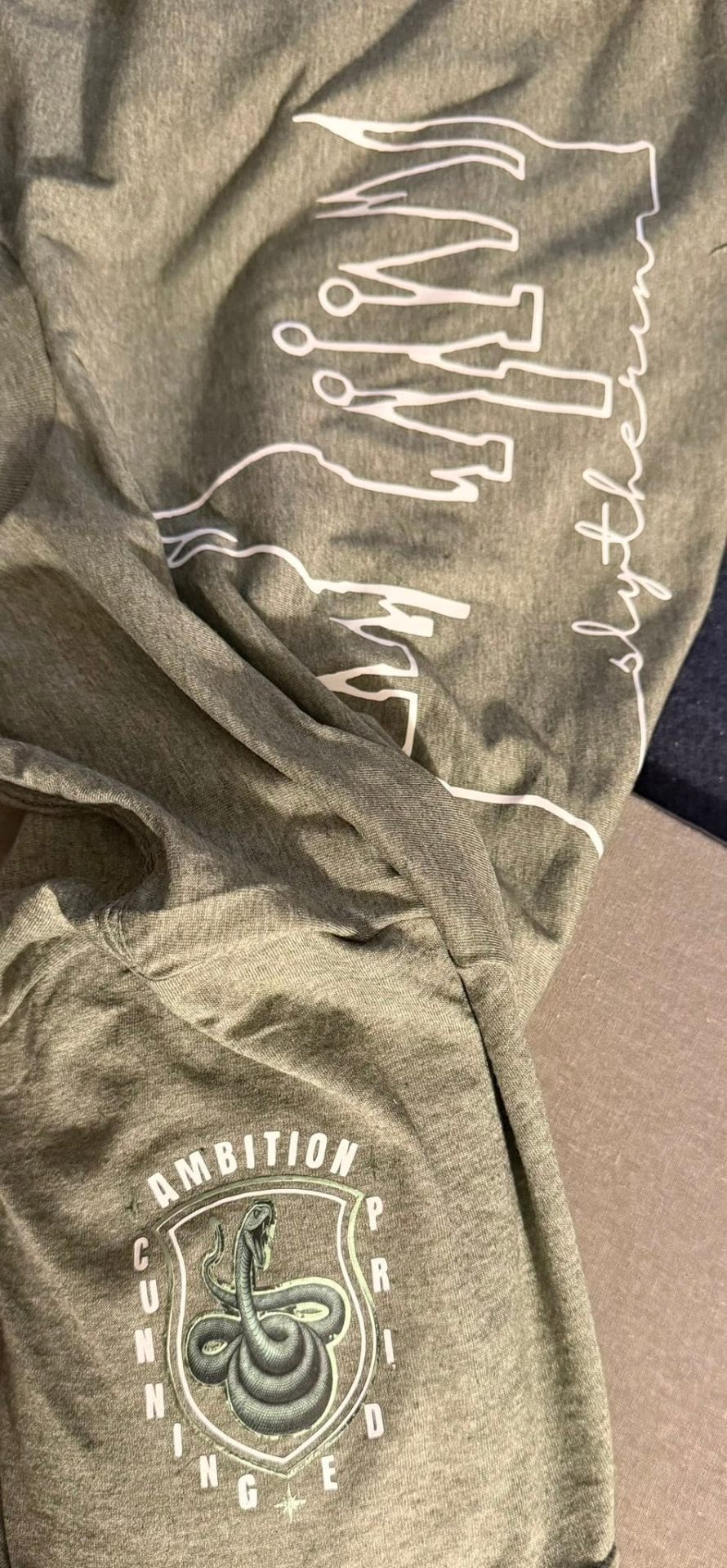 Close-up of the Slytherin castle skyline tee with ambition serpent sleeve emblem