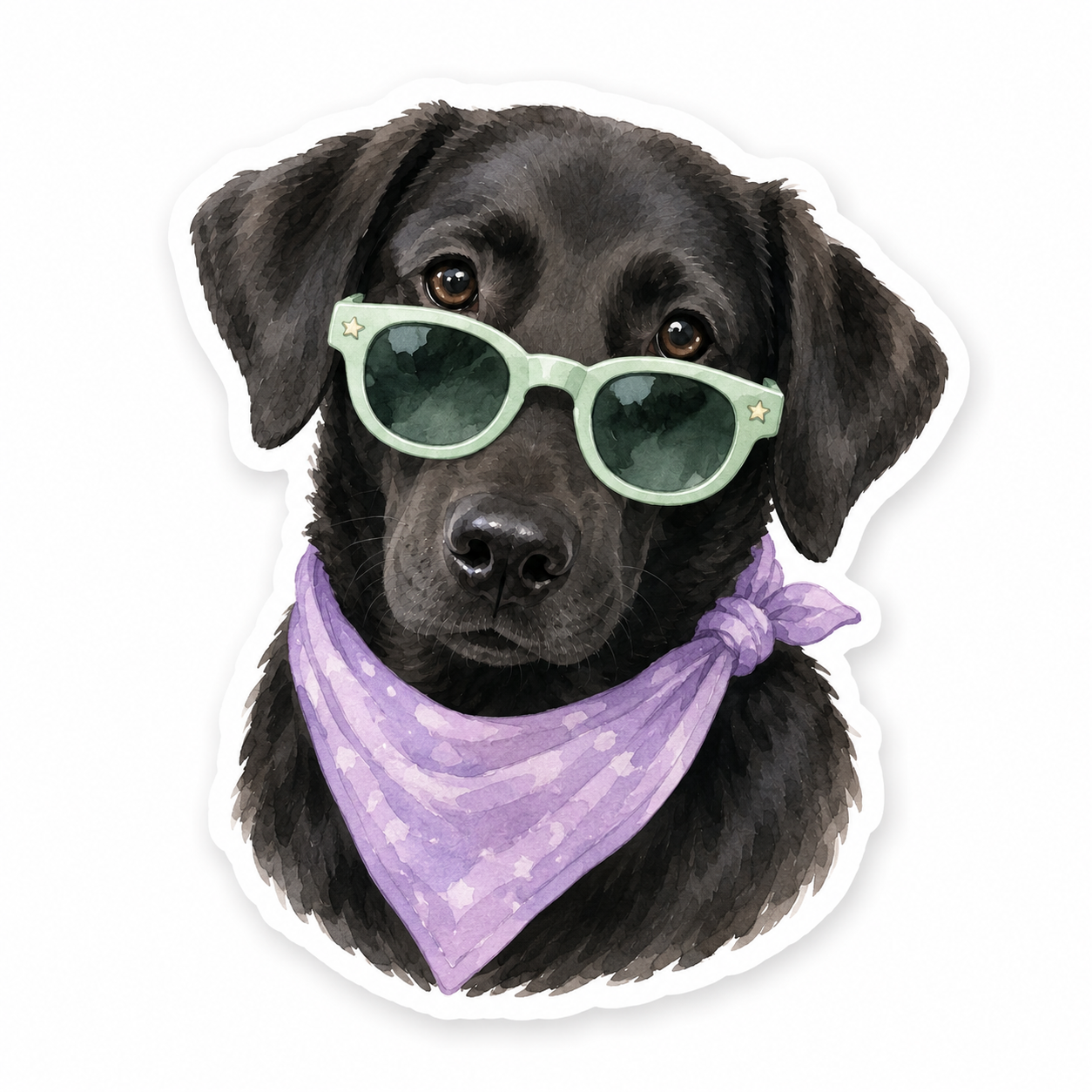 Custom pet sticker featuring a black dog with sunglasses and a lavender bandana