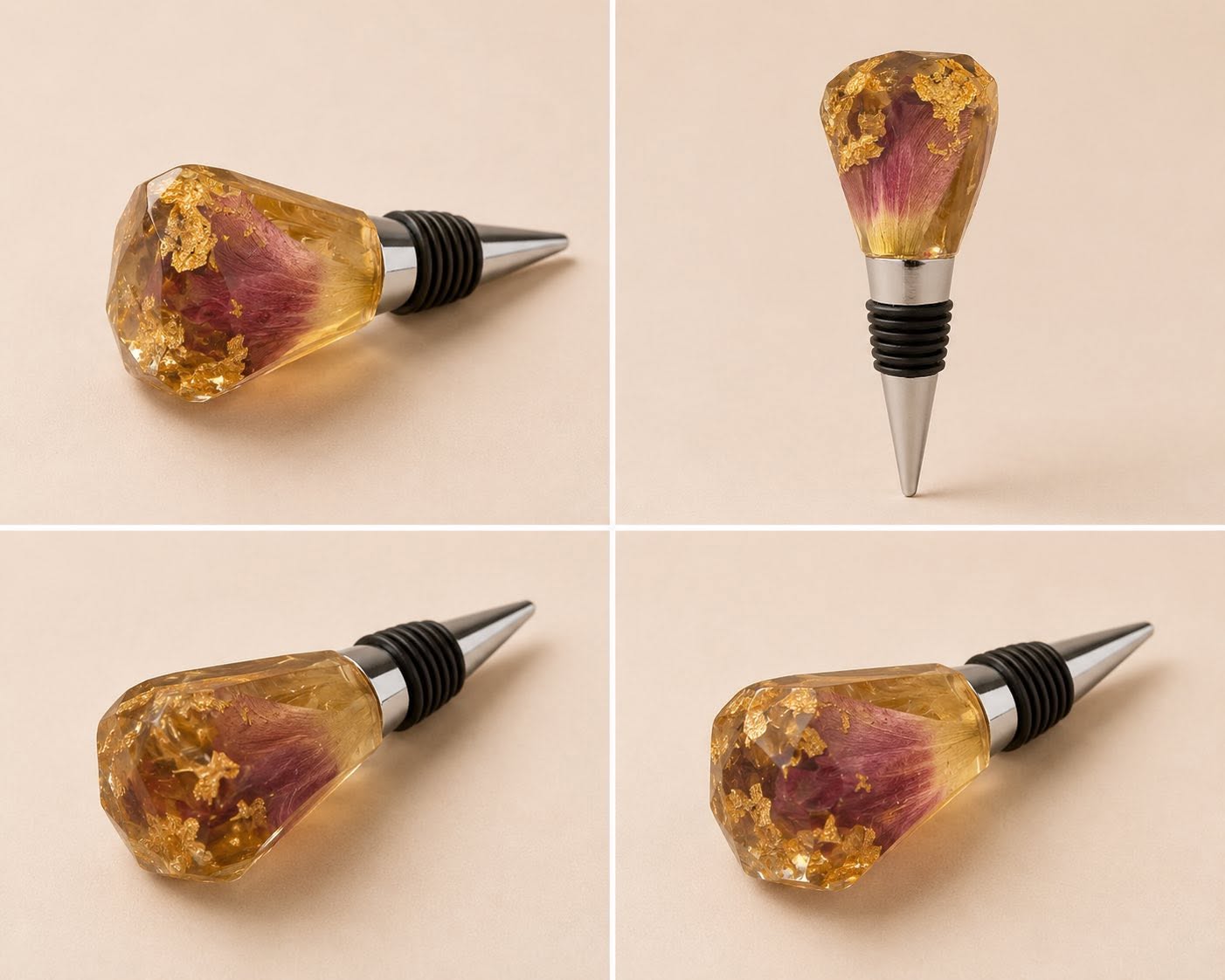 Magenta petal and gold flake resin wine stopper