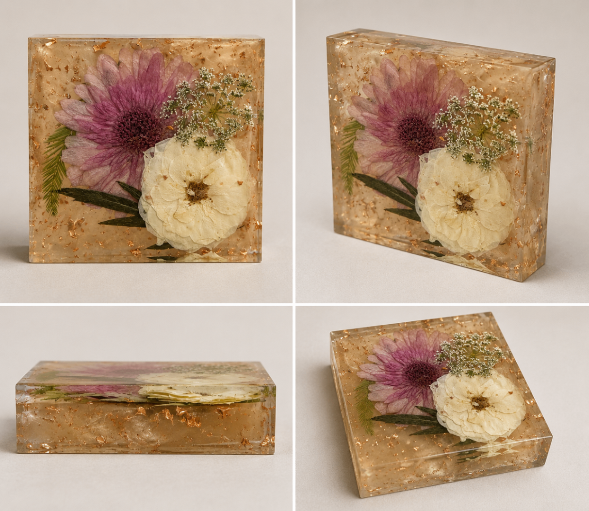 Pressed flower resin block with gold leaf