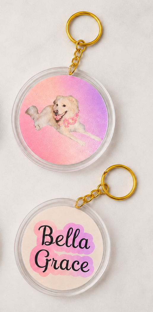 Clear acrylic Bella Grace keychain with pastel background and pet portrait
