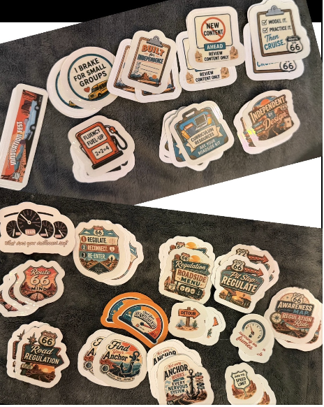 Collection of custom die-cut stickers in various designs including Route 66, anchors, and vintage-style labels