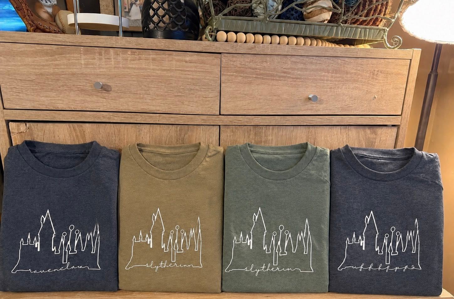 Custom Harry Potter castle skyline tee set in navy, tan, olive, and heather