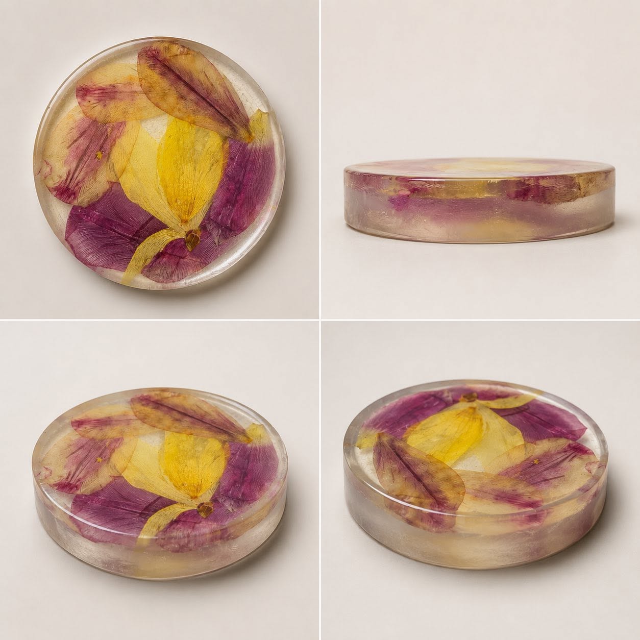 Magenta and yellow pressed flower resin coaster