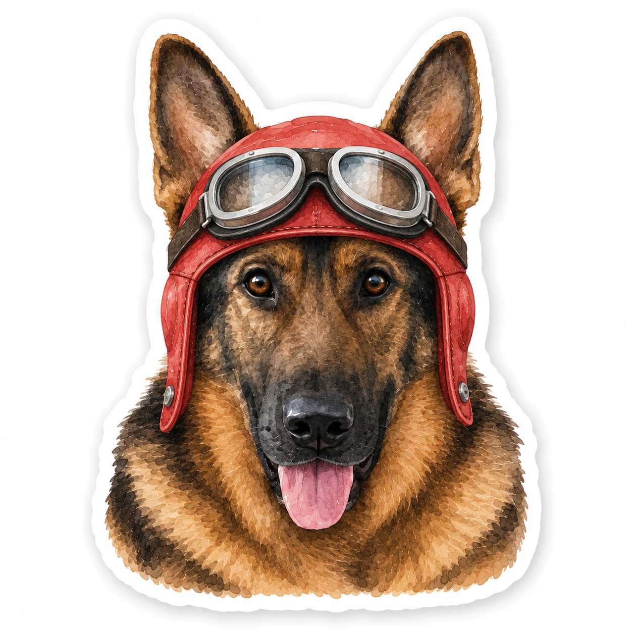 Custom pet sticker featuring a German shepherd in an aviator helmet