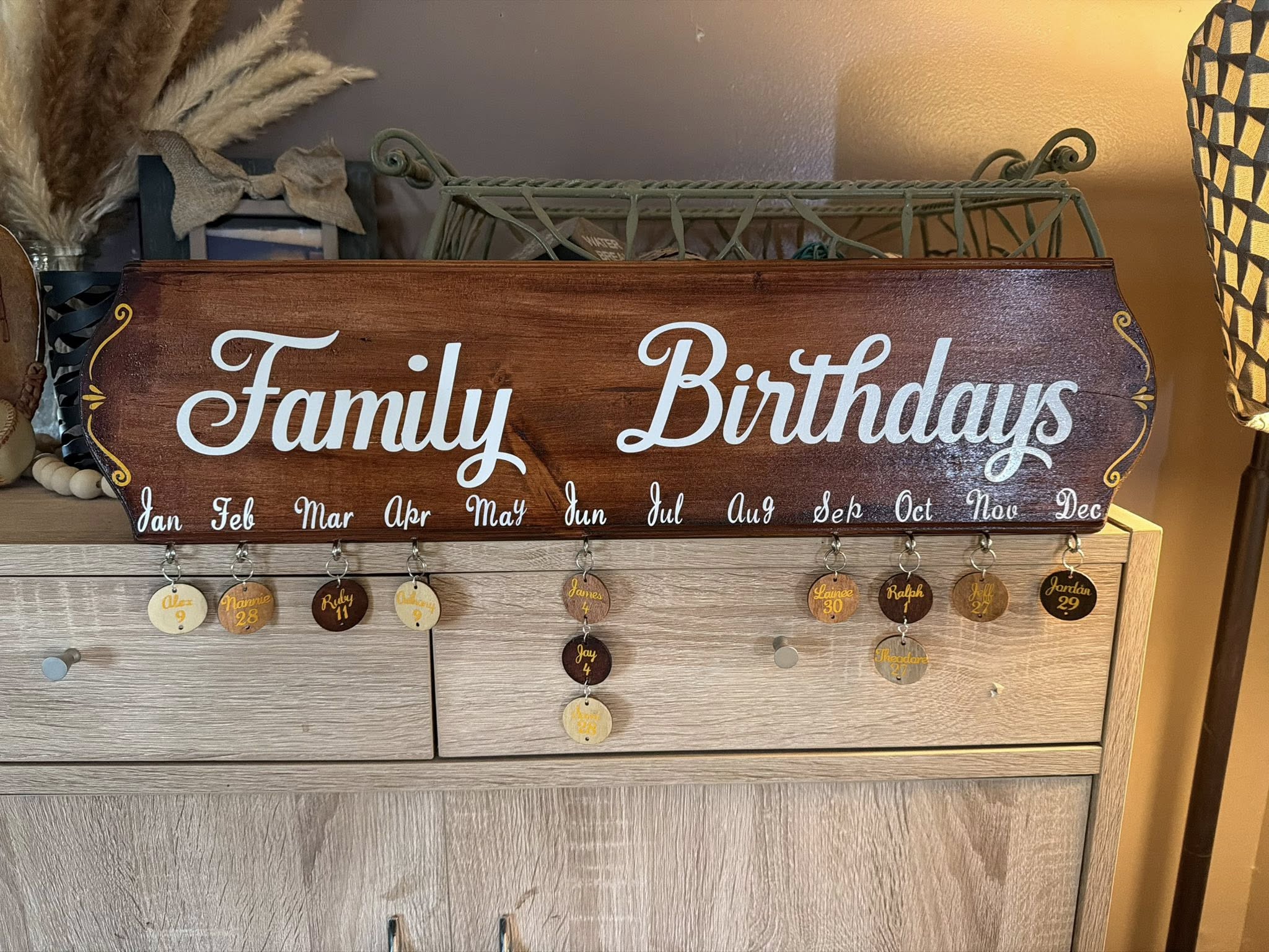 Family Birthdays stained wood hanging board