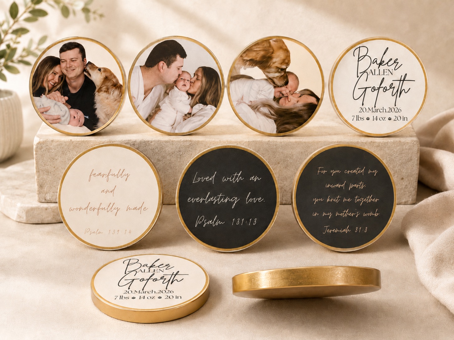 Custom keepsake coaster set for baby Baker Allen Goforth with family photos and scripture verses