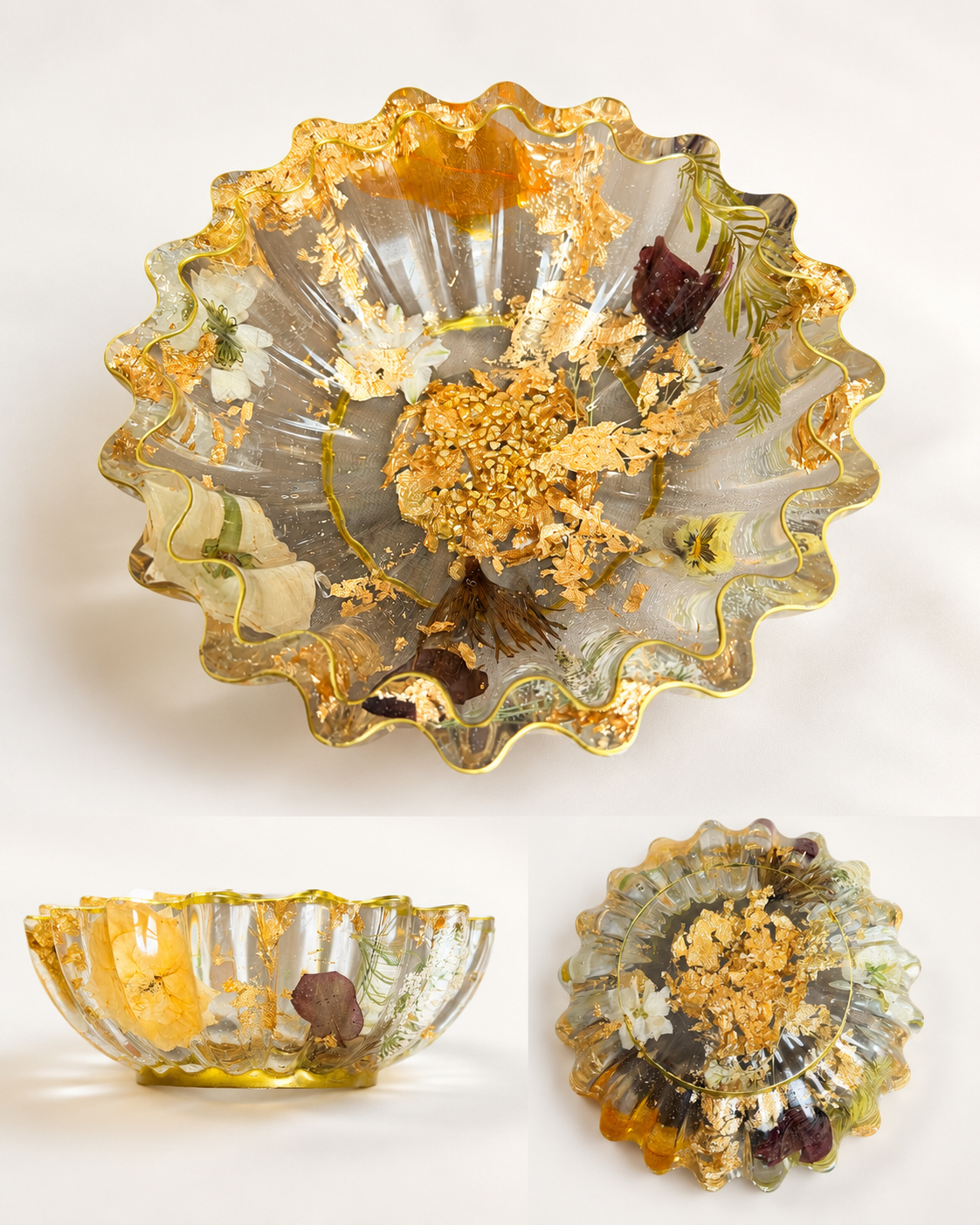 Scalloped resin bowl with pressed flowers and gold flake accents