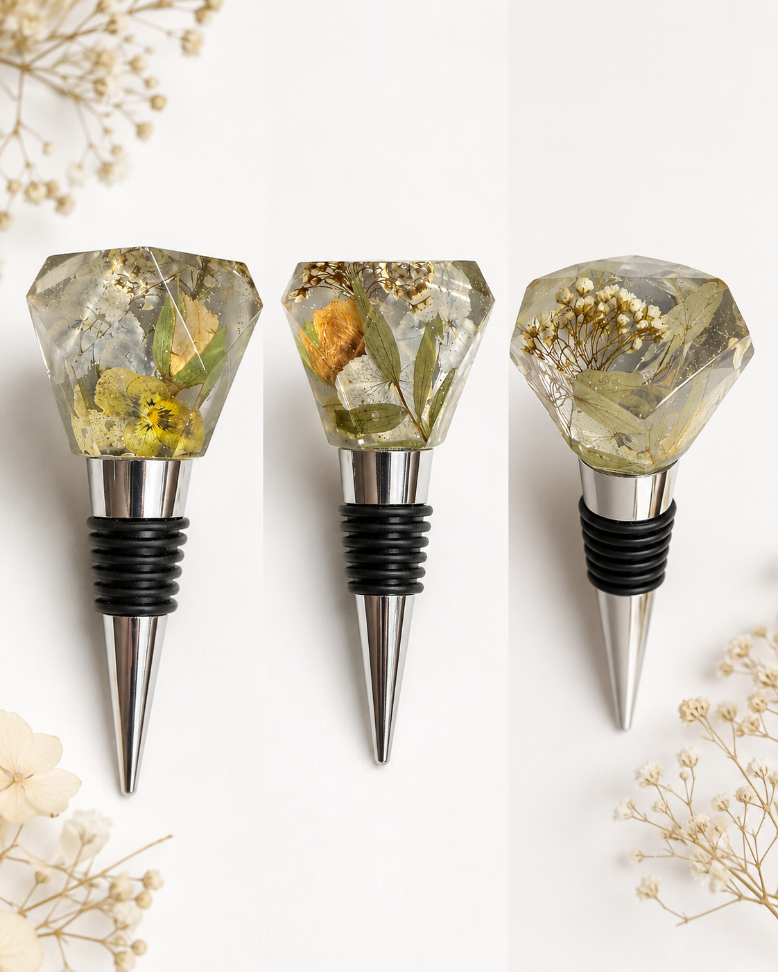 Trio of faceted resin wine stoppers with pressed botanicals