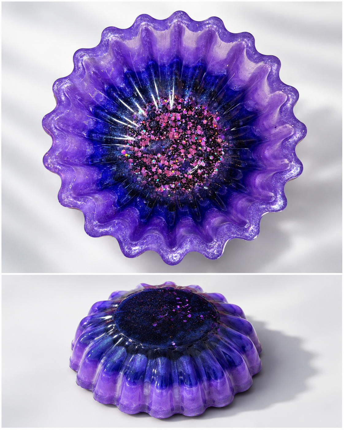 Ruffled purple resin bowl with deep blue and pink holographic glitter center, shown top-down and from the side