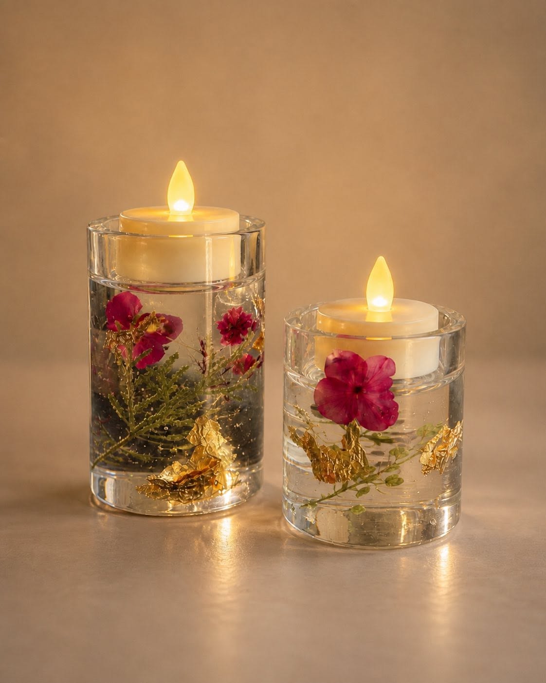Pressed rose resin candle holders with gold flake