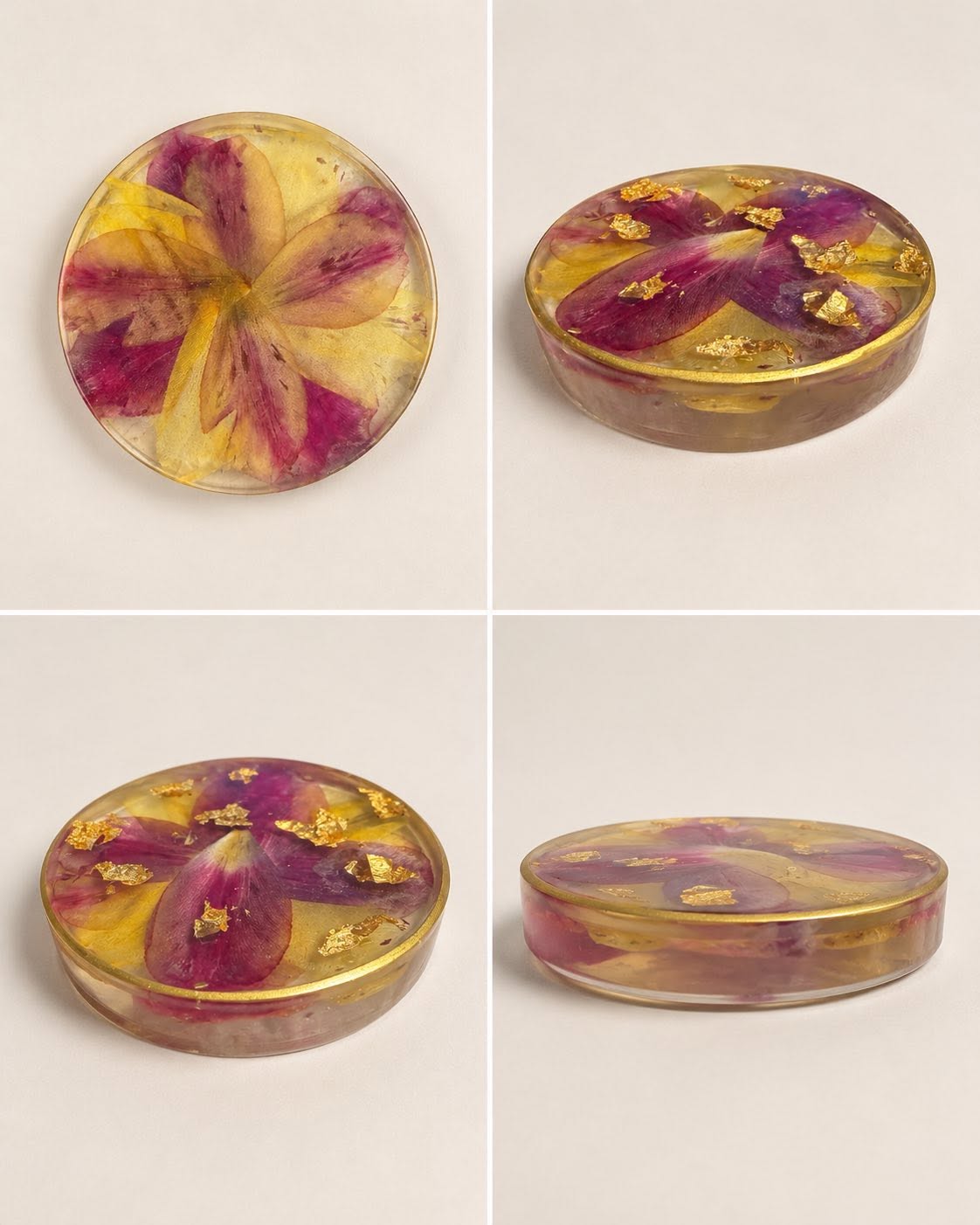 Yellow and magenta pressed flower resin coaster